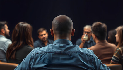 Back view to depressed black male drinker talking about alcohol addiction abuse sitting in circle speak to diverse addicted people at group therapy session. Concept of mental health, support isolate