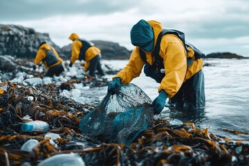 People cleaning ocean shore from garbage, environmental care.