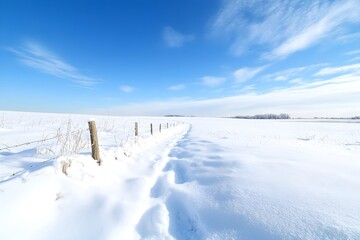 Naklejka premium Minimalist winter landscape with snow covered field and wooden fence. White rural scenery under bright blue sky. Clean nature background with fence line. Seasonal photography