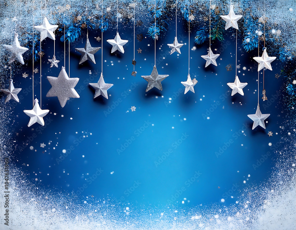 Poster Copy space for text over blue snowy background with stars and empty space for a festive ver_1(197)