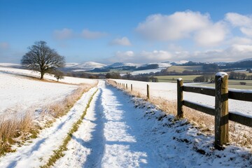 Naklejka premium Winter path with wooden fence and bare tree in snowy field. Rural landscape with rolling hills and mountains. Scenic countryside view under bright blue sky. Nature photography