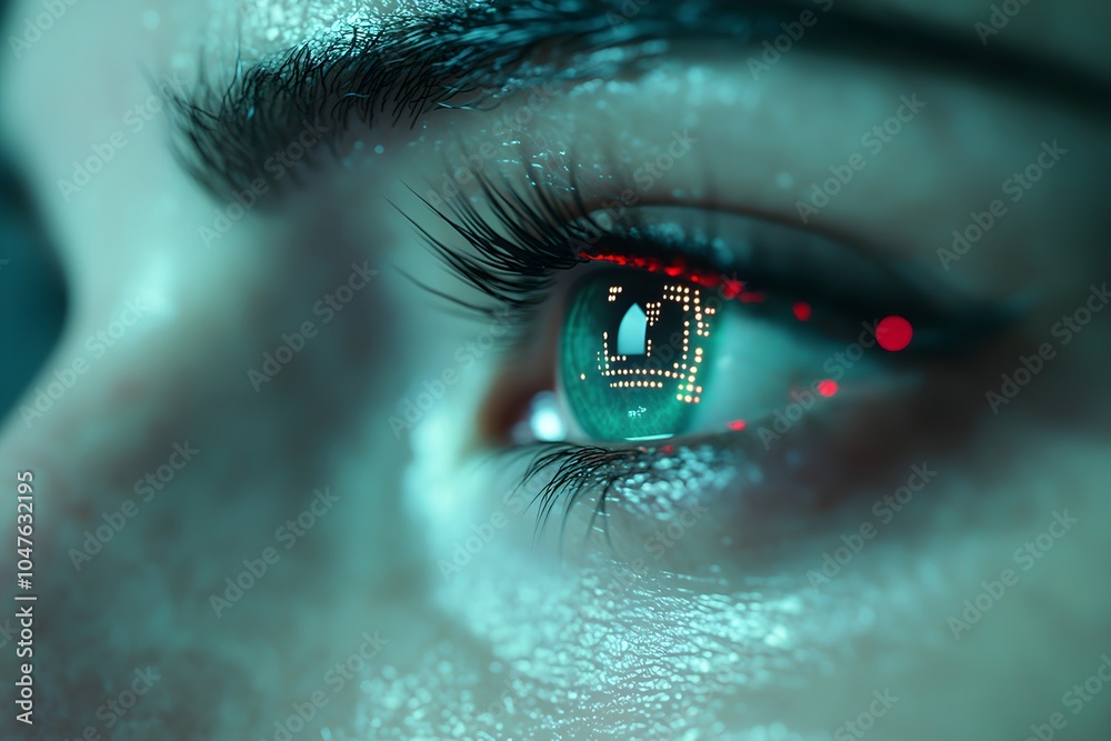 Wall mural human eye with turquoise and red digital pattern reflection. futuristic biometric scanning concept. 