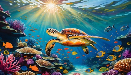 Fototapeta premium Tropical Marine Paradise: Underwater Reef Ecosystem and Sea Life.