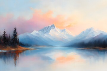 Misty mountain landscape with snow peaks and pine forest at sunrise. Serene lake reflection with pastel sky. Nature scenery for travel concept and wall art