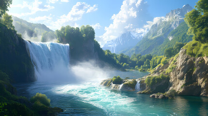 Fototapeta premium Majestic rhine falls cascade down rocky cliffside, misty veil rises from turquoise water, surrounded by lush greenery and sunny blue sky in switzerland. Misty Waterfall Basin. Illustration