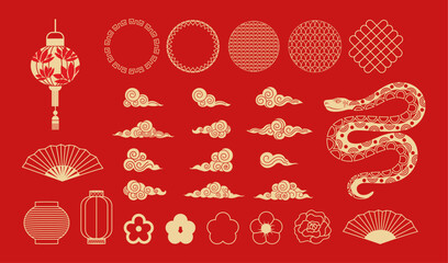 Traditional elements for decoration in Chinese style. Ornament. Chinese lanterns, frames, year of the snake. Trendy modern design. Line art. Japanese.  Chinese New Year. Oriental geometric concept.