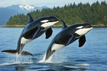 Obraz premium Killer Whale Pair Leaping in Canada: Close-up of Adult Aquatic Mammals Jumping in American Waters