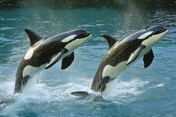 Obraz premium Killer Whale Pair Leaping in Canada. Full-length Shot of Adult Orca Jumping in American Waters