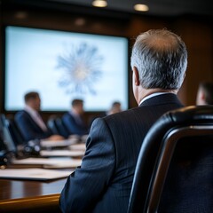 Senior businessman watching data presentation in conference room. Professional executive at corporate meeting with digital screen. Business leadership concept with copy space