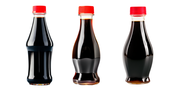 Bottle of soy sauce with a red cap isolated on a white transparent background. Condiment concept.