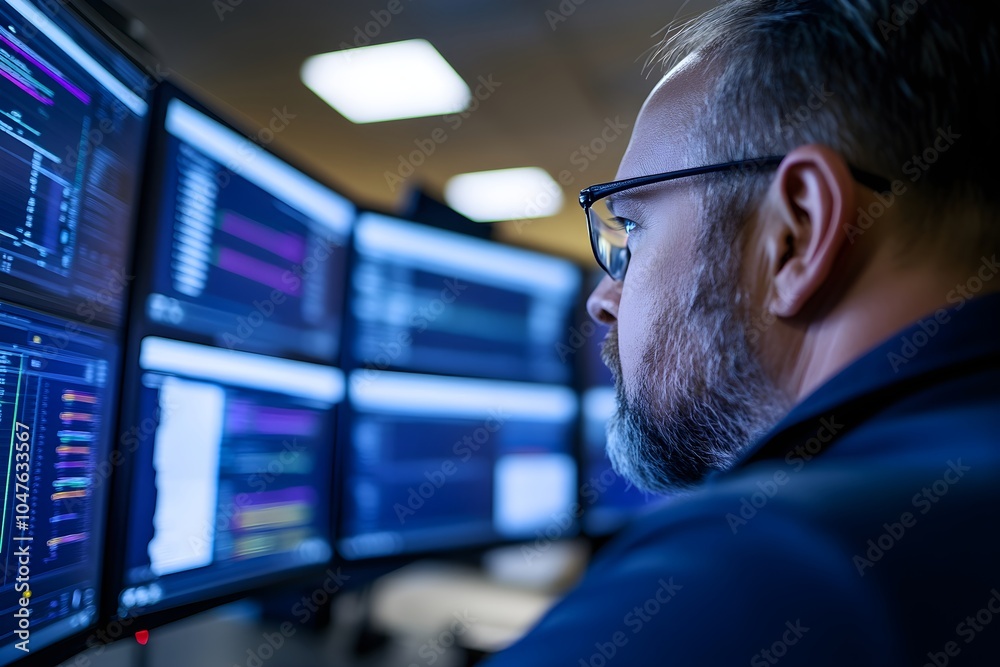 Poster senior it specialist with beard analyzing data on multiple monitors. professional programmer with gl