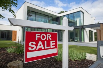 Fototapeta premium For Sale Real Estate Sign in Front of Modern House