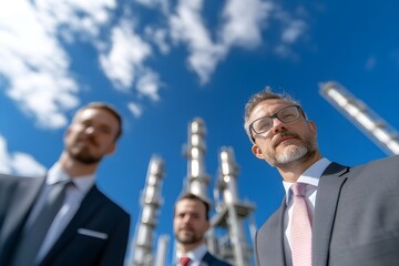 Business executives at industrial facility with metal towers against blue sky. Professional managers inspecting chemical plant. Industrial leadership concept