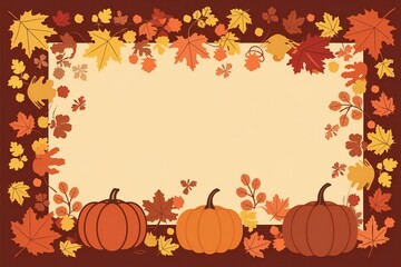 Autumn leaf border with pumpkins on beige background
