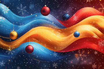 Festive abstract background with swirling colors and Christmas ornaments.
