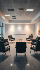 Fototapeta premium Nobody in space used for aa group therapy meeting with chairs in circle. Empty office decorated with furniture for counseling program session with people, treating alcohol and drug addiction isolate