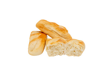 Three milk buns on a transparent background. Cut one of the parts in half. The milk buns are white and look fresh.