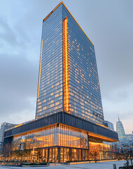 Fototapeta premium Modern skyscraper with warm illuminated windows at twilight in urban setting 