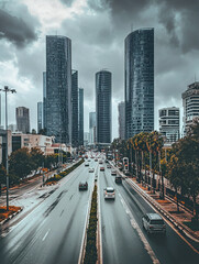 Fototapeta premium Dramatic perspective of tall skyscrapers converging in foggy cityscape 