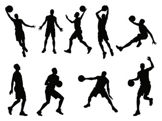 Black silhouettes of basketball players in action poses: dribbling, shooting, passing, and dunking. Suitable for sports designs