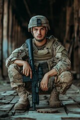 Fototapeta premium A soldier crouches in an abandoned building, holding his rifle, fully equipped, vigilantly scanning surroundings.