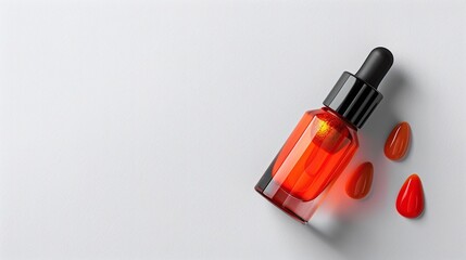 Naklejka premium Red Glass Serum Bottle with Droplets on Minimal White Background, Ideal for Skincare and Beauty Product Photography with Copy Space for Branding and Product Information