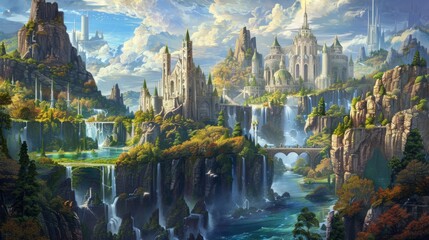 Fototapeta premium Majestic Fantasy Kingdom with Waterfalls and Castles