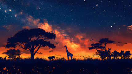 Obraz premium Night in savannah reveals stunning milky way, silhouetted trees, and wildlife under starry sky, creating serene and magical atmosphere. Savanna Night Sky. Illustration