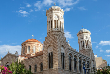 A view looking up at a church in central Athens Greece