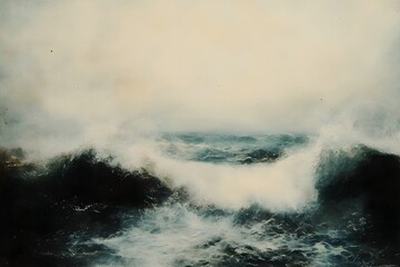 Obraz premium Artistic interpretation of stormy Nordic waves in turquoise and cream tones. Oil painting style seascape with dramatic atmosphere. Maritime fine art