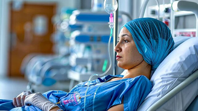 cancer patient in a hospital bed, wearing a blue headscarf and gown, undergoing chemotherapy treatment