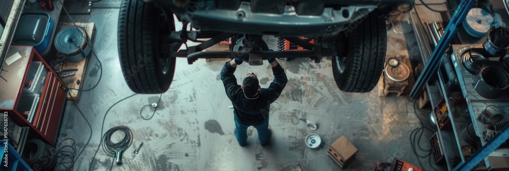 Aufkleber a mechanic examines the engine parts while positioned beneath a car elevated on a hoist in the works