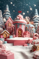 Fototapeta premium Pink and turquoise candy house in magical Christmas village with falling snow. Whimsical holiday decoration with gingerbread and candy canes. Festive 3D render with copy space