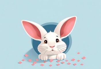 Bunny peeking out of a hole in blue wall, fluffy eared bunny easter bunny banner, rabbit jump out torn hole, Generative AI