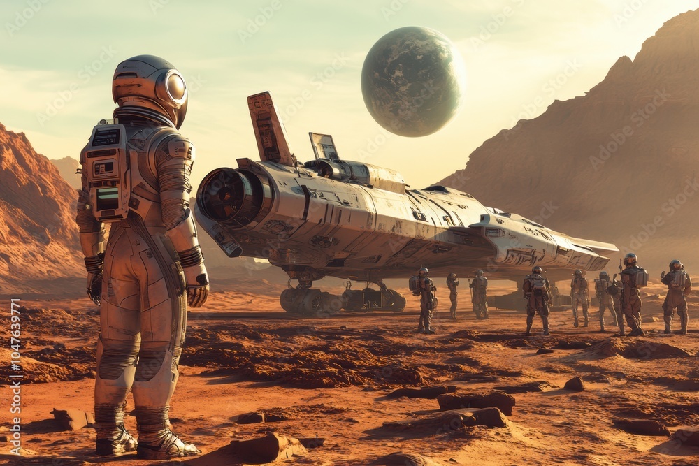 Poster A group of astronauts stands on a rocky red terrain, examining their spacecraft and a distant moon in the twilight sky above. Generative AI