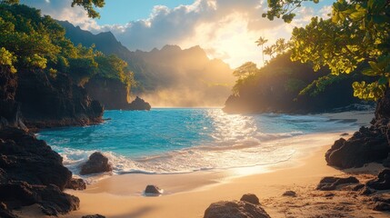 A secluded beach with turquoise water and a dramatic mountain backdrop in the golden light of sunrise.