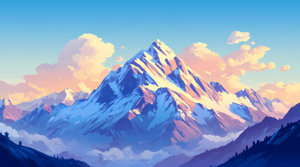 Fototapeta premium Spectacular snow-capped mountain peaks bask in soft golden light of dawn, set against a brilliant blue sky with gentle clouds, serene and majestic landscape. Snow-Capped Peaks. Illustration