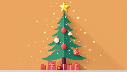 Christmas tree with gifts and decorations standing against orange background