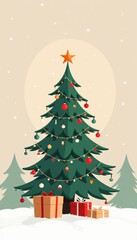 Obraz premium Christmas tree decorated with colorful ornaments and gifts underneath in snowy landscape