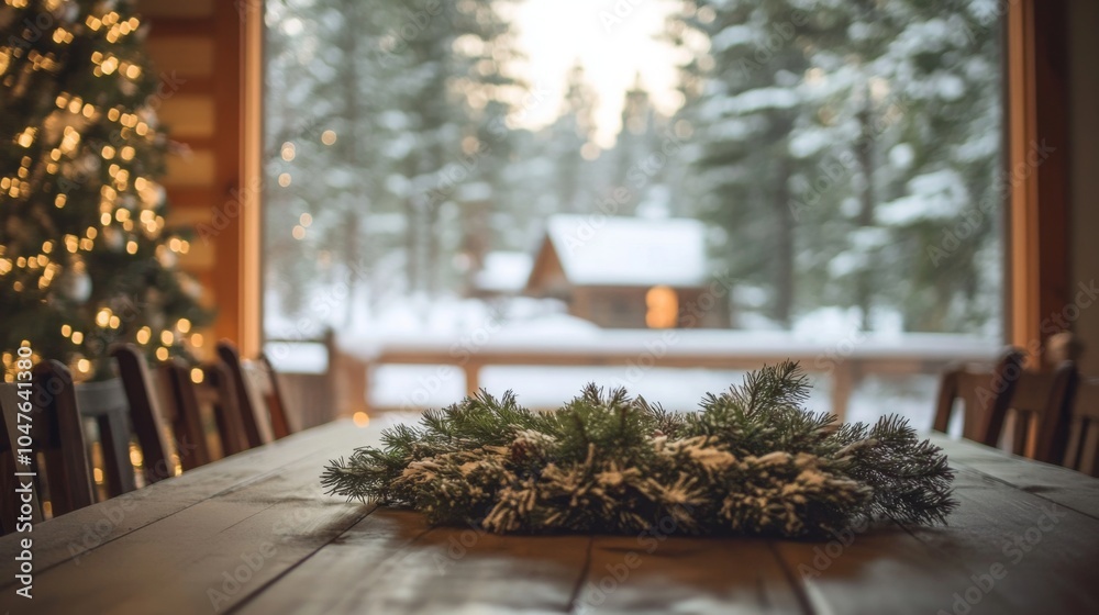 Poster a rustic wooden table adorned with an evergreen wreath captures the warmth of a cozy indoor space.