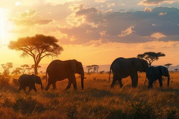 Obraz premium Elephants move gracefully through the golden savanna grass as the sun sets, casting long shadows in the vibrant evening light. Generative AI