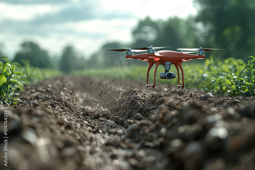 Poster a drone capturing real-time data on soil moisture levels, illustrating the integration of iot and dr