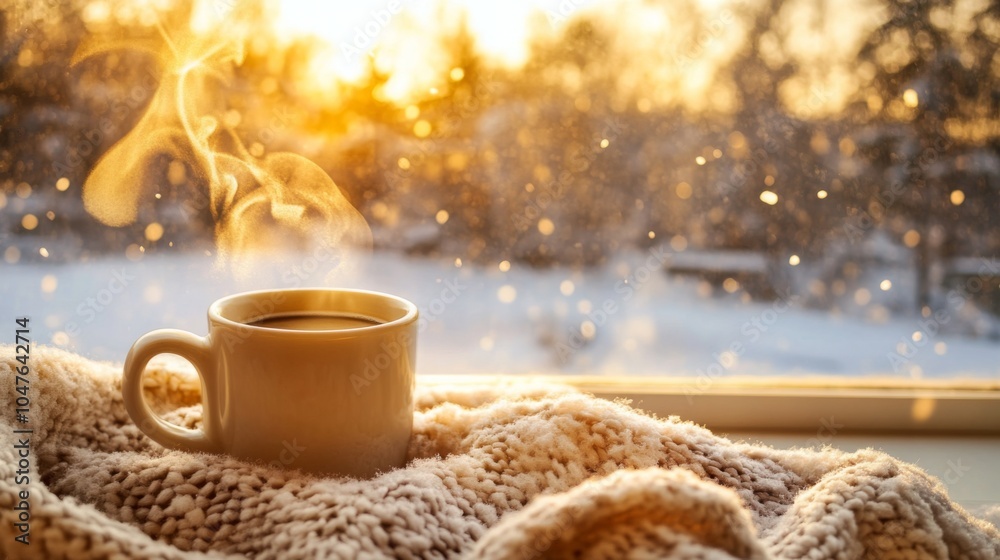 Poster a steaming cup of coffee rests on a soft blanket near a window. outside, gentle snowflakes fall as t