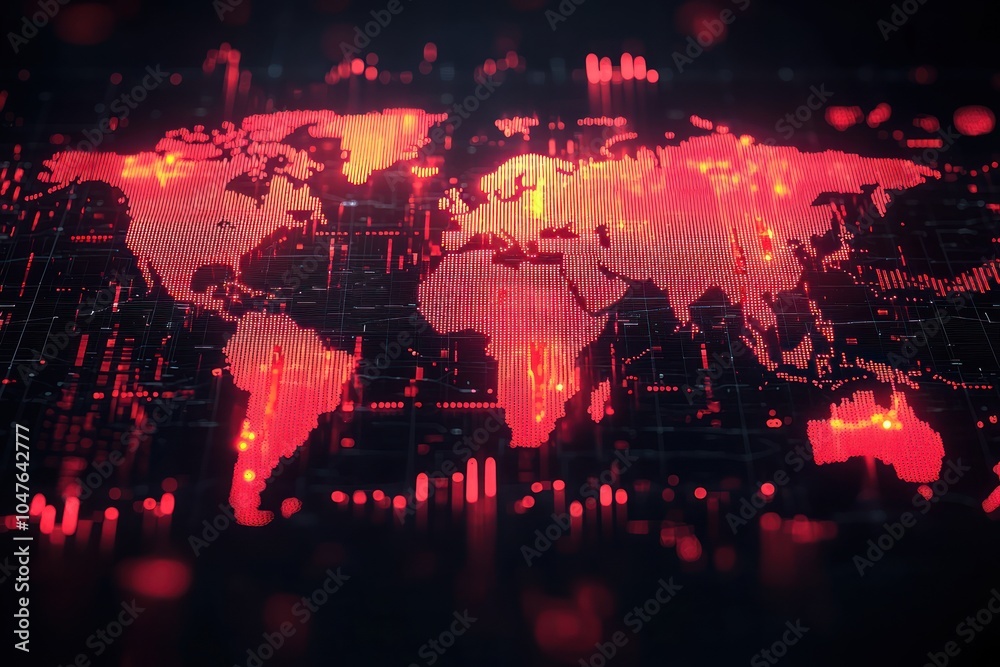 Poster a digital world map glowing red on a dark screen
