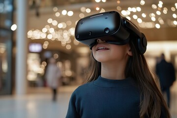 A child wearing a virtual reality headset is exploring digital worlds, showcasing modern technology and the immersive experience in a brightly lit indoor environment.