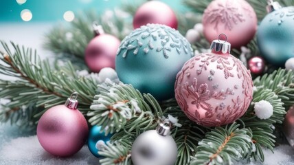  Christmas  tree ornaments  with pink and  blue balls,  on pastel background, close up