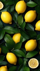 Two vibrant lemons are positioned alongside a halved lemon with fresh leaves against a textured marble background