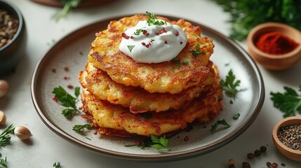 Vegan potato fritters served with sour cream on an elegant plate surrounded by spices for a delicious recipe book