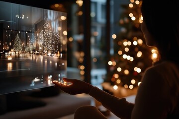 A woman sits at home, using a digital interface to interact with virtual holiday decorations, seamlessly blending technology with the traditional warmth of Christmas decor.