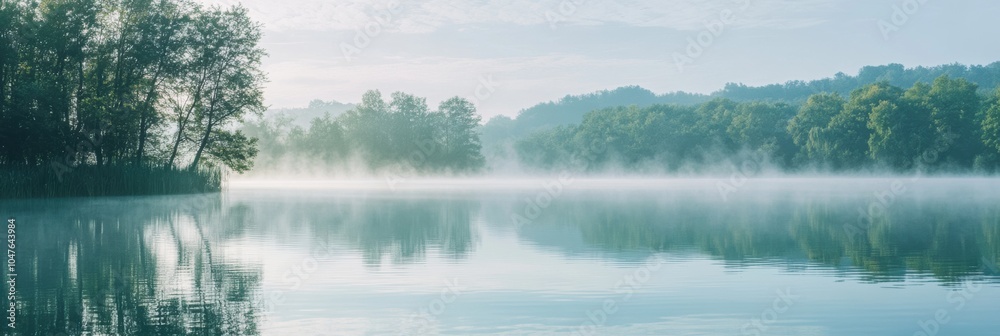 Poster The lake is enveloped in soft morning mist, with trees lining its shores creating a peaceful reflection on the water’s surface. Generative AI